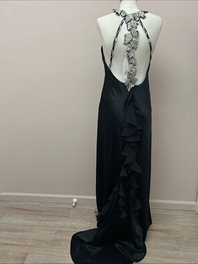 Cassandra Stone Black Halter Maxi Gown with Crystal Collar and Ruffle tail sz 12